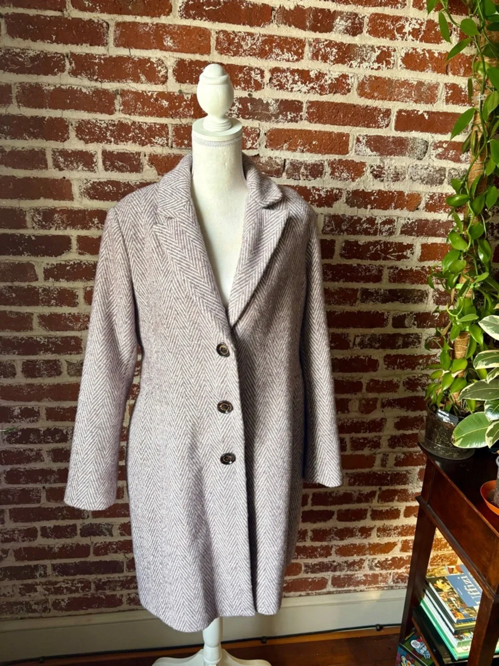 Sam Edelman Notch Collar Lavender & Ivory Herringbone Winter Coat - Picture 6 of 7
